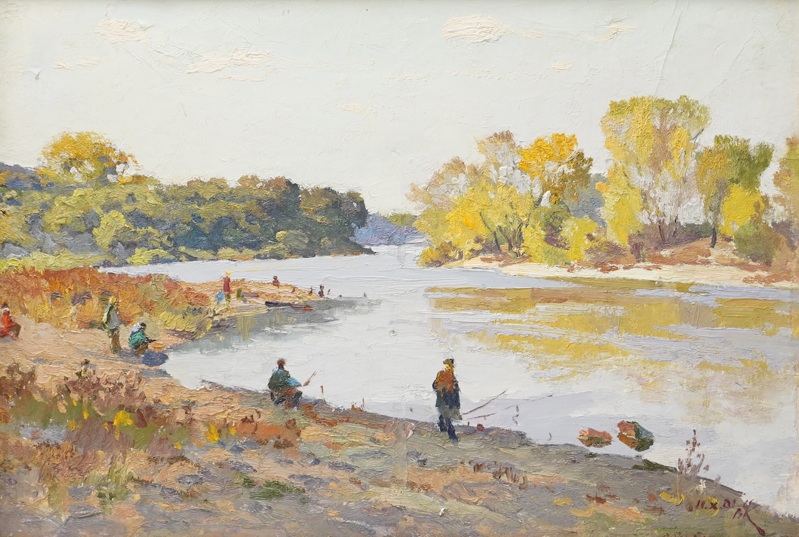 Stepan Lvovich Koshevoi (1921-1977), riverscape with anglers, signed, oil on board, 33 x 47cm